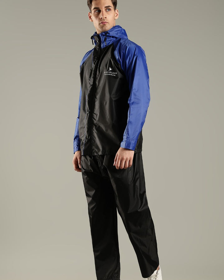 Black with Royal Blue - Rain Jacket with Pant and Mobile Pouch