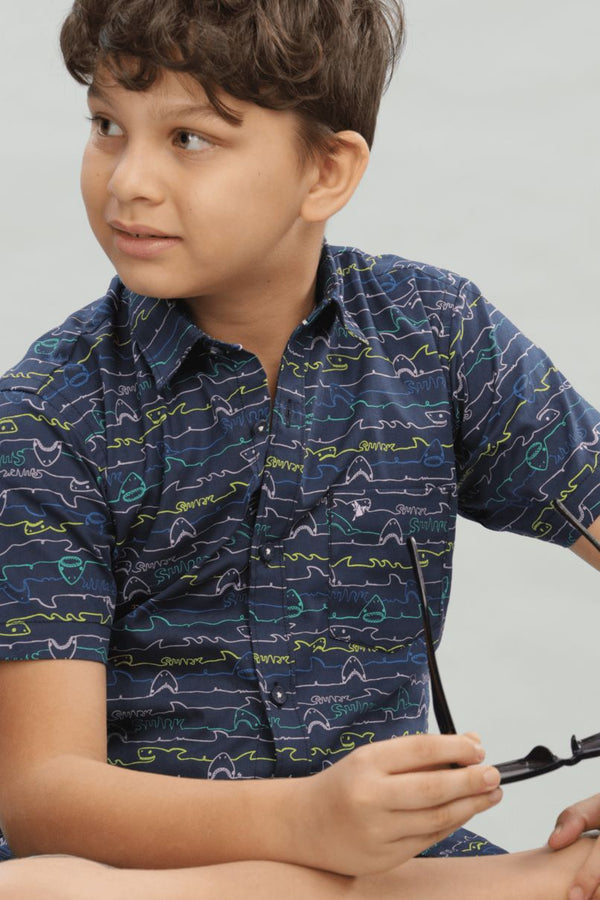 KIDS - Navy Ocean Print - Half-Stain Proof Shirt