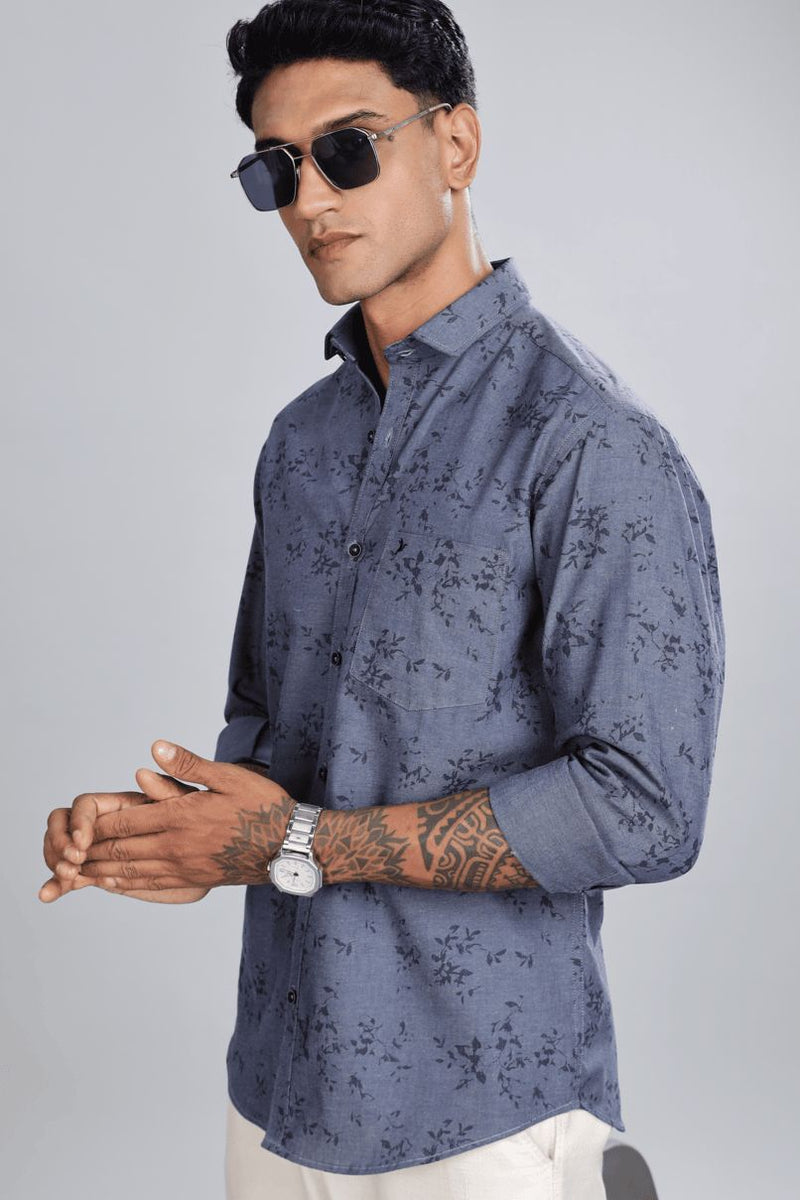 Denim Blue Floral Print -Full-Stain Proof