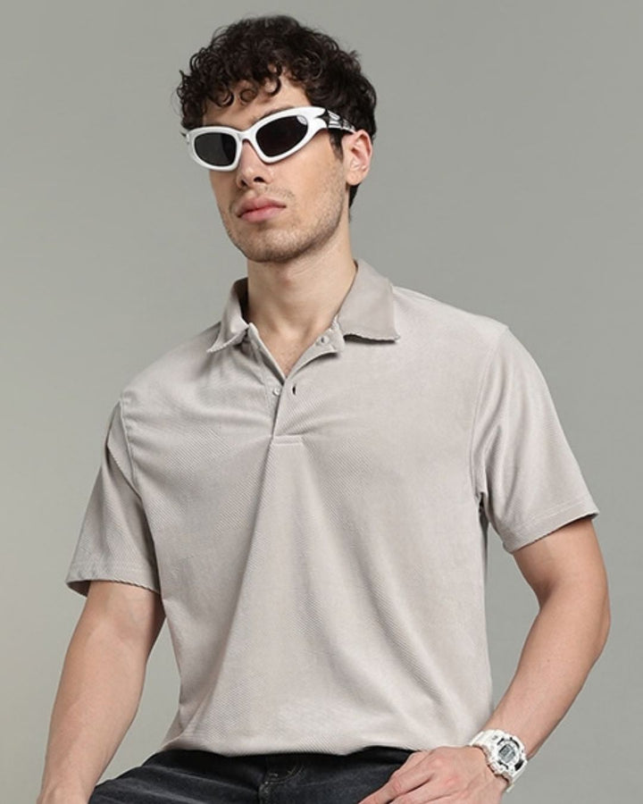 Dusty Cream Geometric Textured - Polo Tshirt