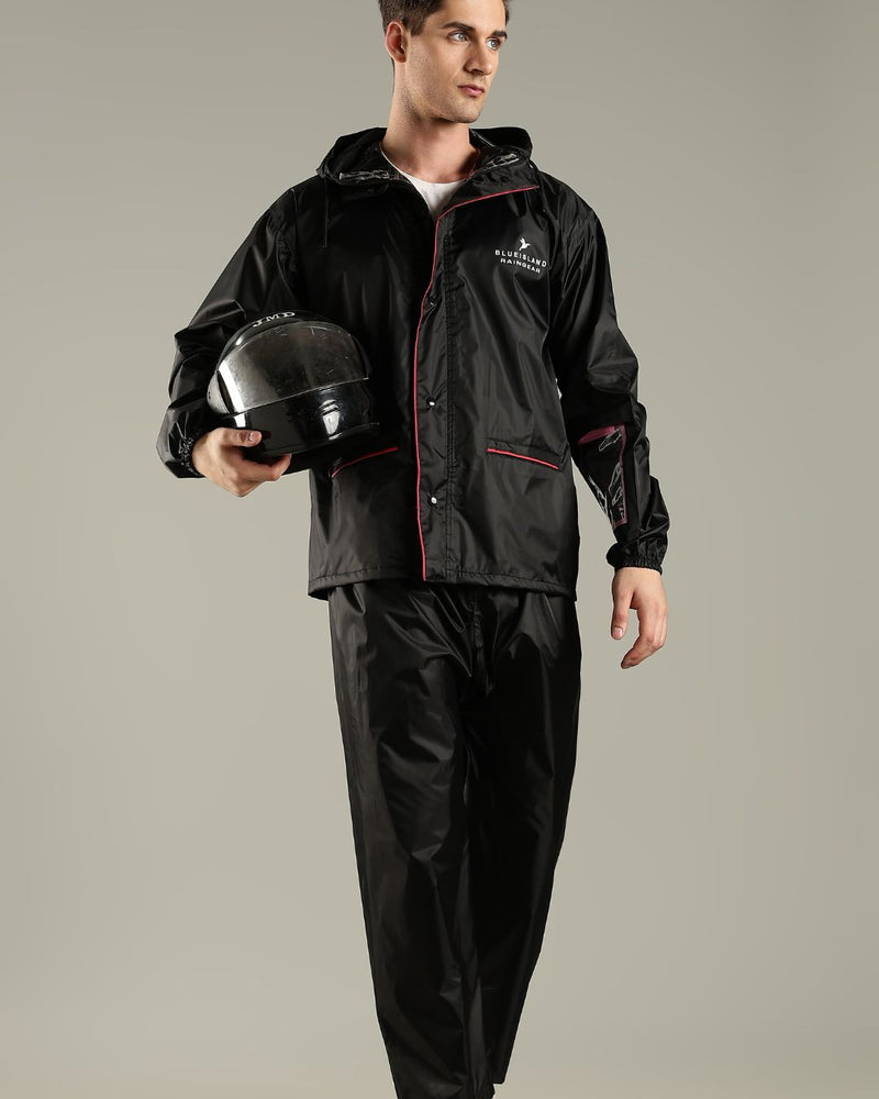 Black with Red Border - Rain Jacket with Mobile Pouch