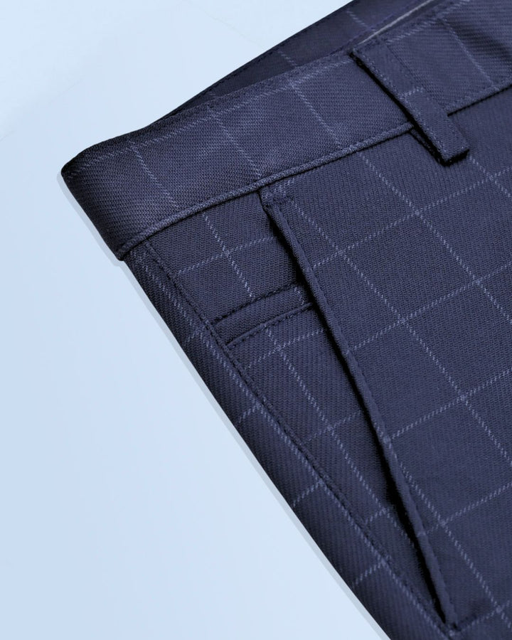 Navy Box Checks - 2 way stretch - COTTON PANT