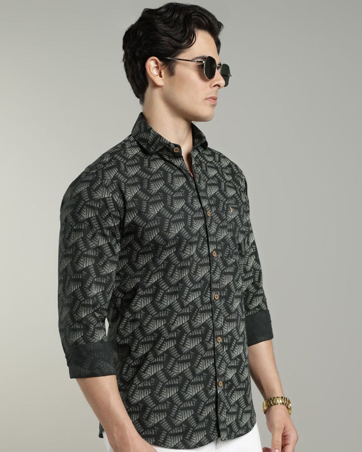 Dark Green Geometric Print-Full-Cotton Linen Shirt