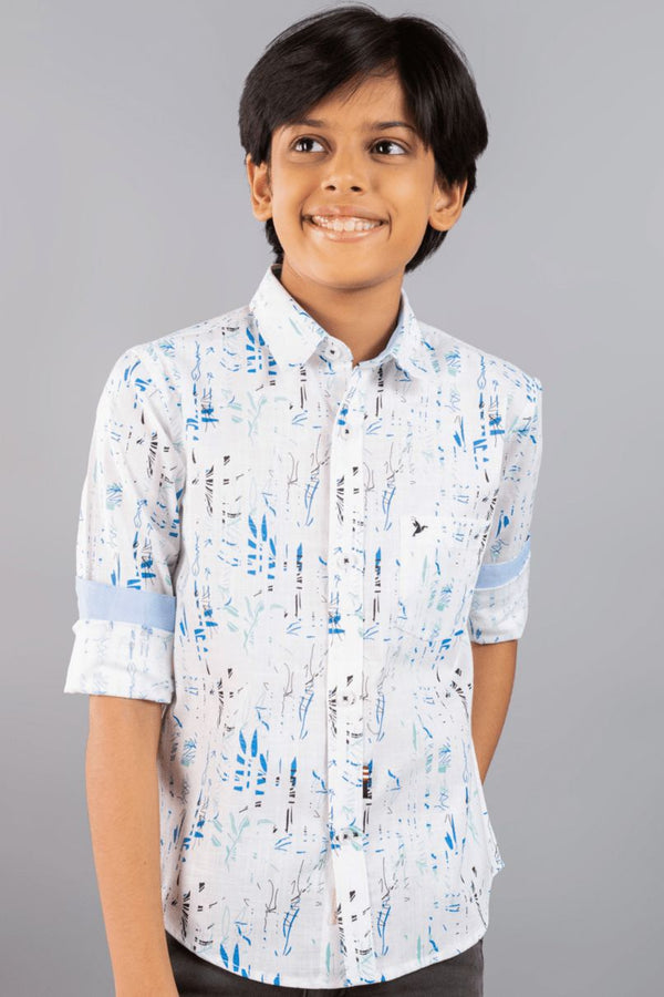 KIDS - White and Blue Floral Print-Stain Proof Shirt