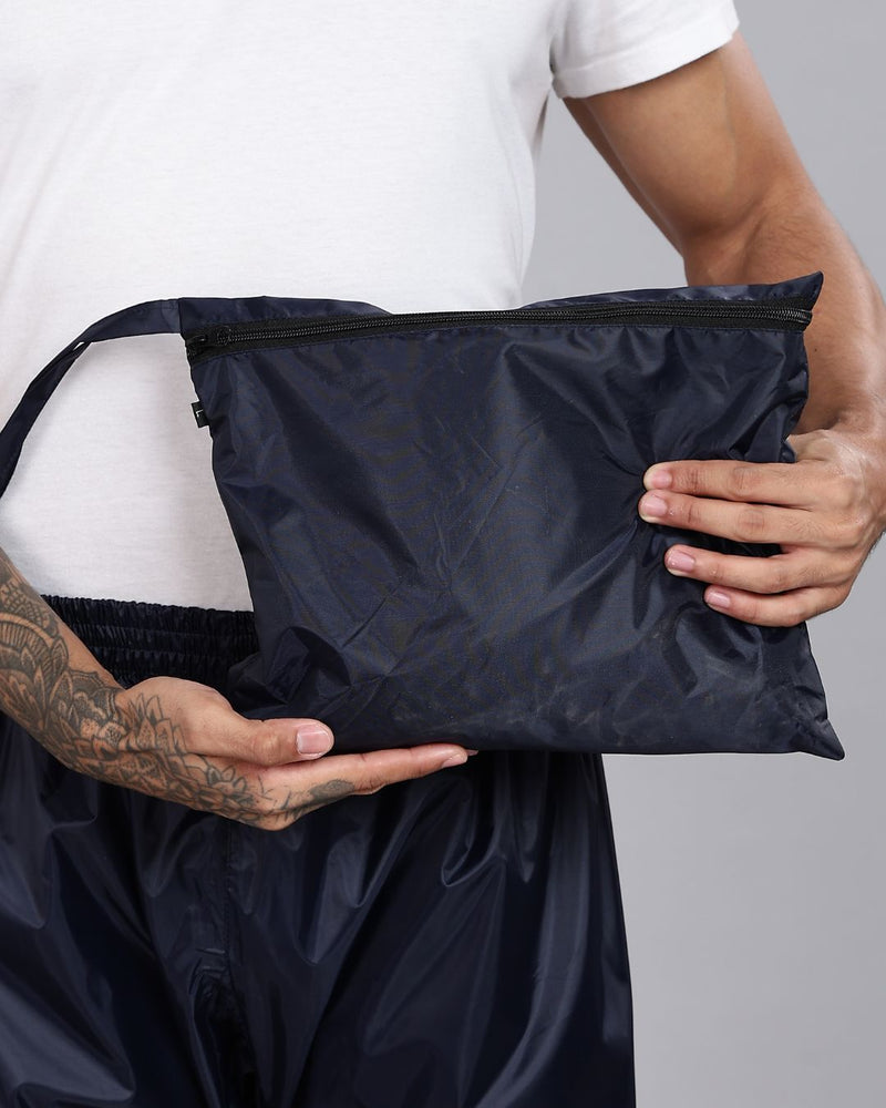 Navy with Red Border - Rain Jacket with Pant and Mobile Pouch