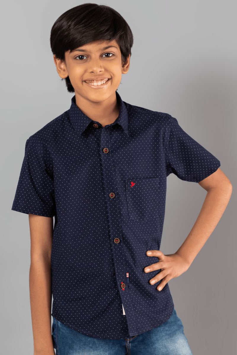 KIDS - Navy Dotted Print Half-Stain Proof Shirt