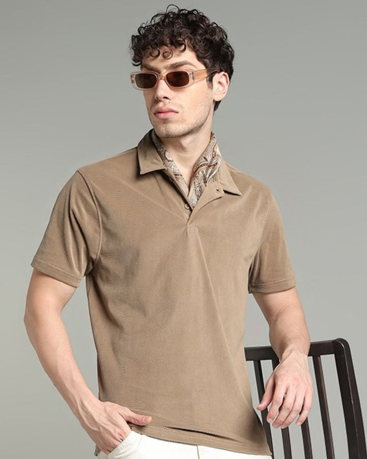 Tan Brown Geometric Textured - Polo Tshirt