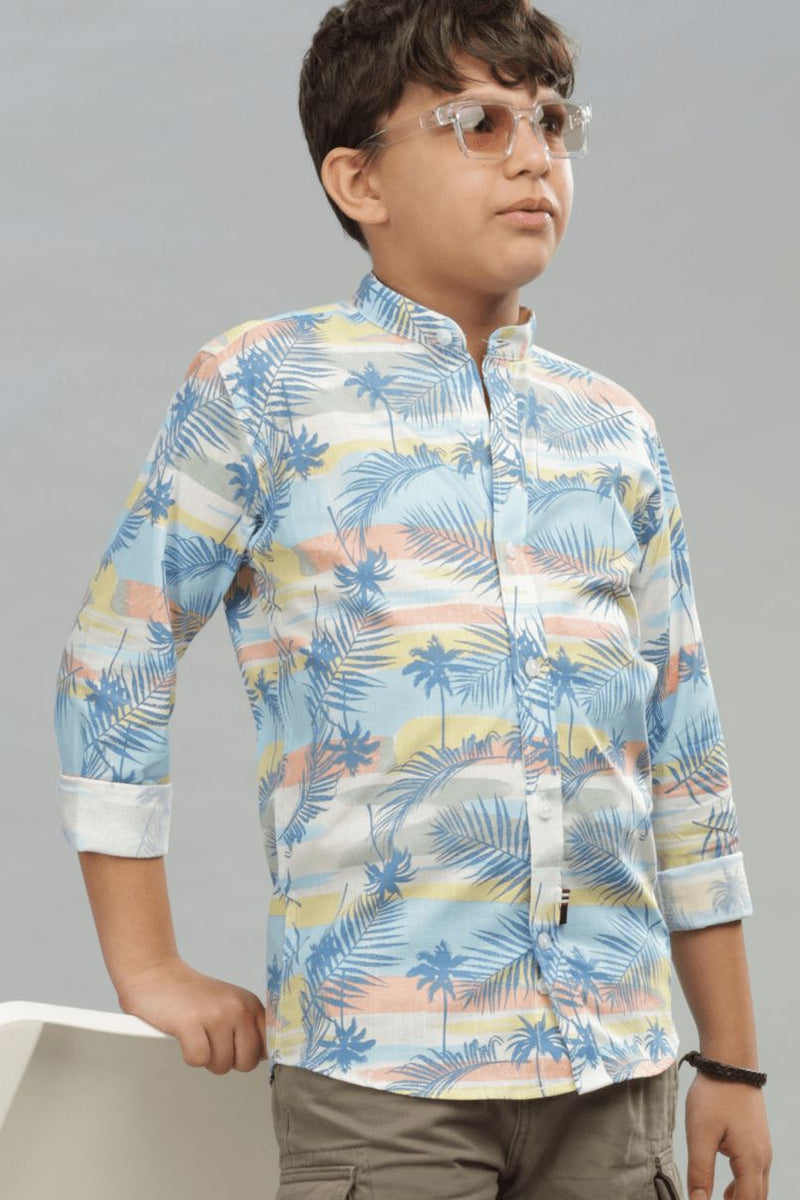 KIDS - Oceanic Blue Print-Chinese Collar-Stain Proof Shirt