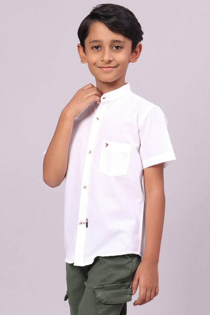 KIDS - White Cotton Linen Chinese Collar -Half-Stain Proof Shirt