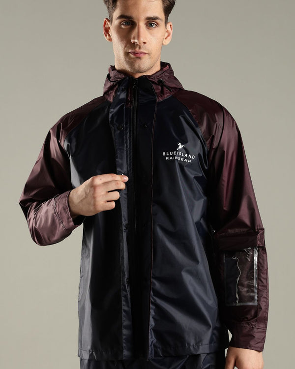 Navy with Burgundy - Rain Jacket with Mobile Pouch