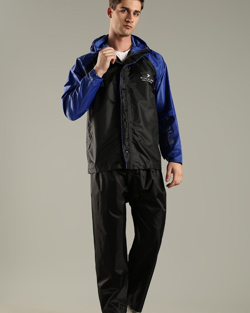 Black with Royal Blue - Rain Jacket with Mobile Pouch