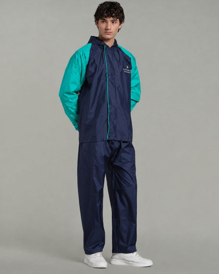 Navy with Teal Sleeve - Rain Jacket with Pant & Mobile Pouch
