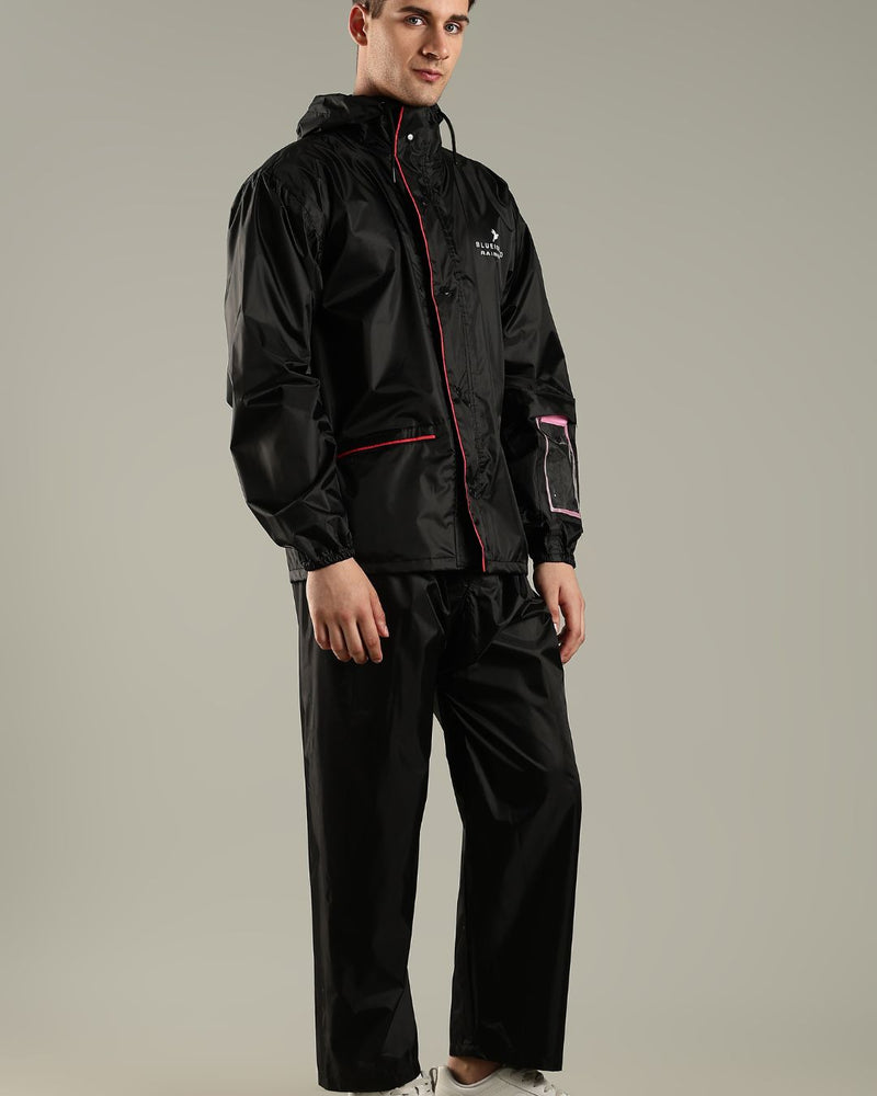 Black with Red Border - Rain Jacket with Mobile Pouch
