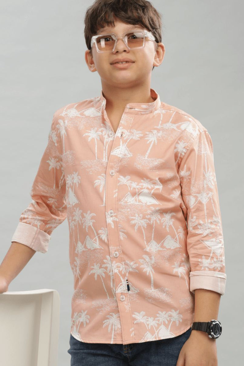 KIDS - Peachy Palm Print-Chinese Collar-Stain Proof Shirt