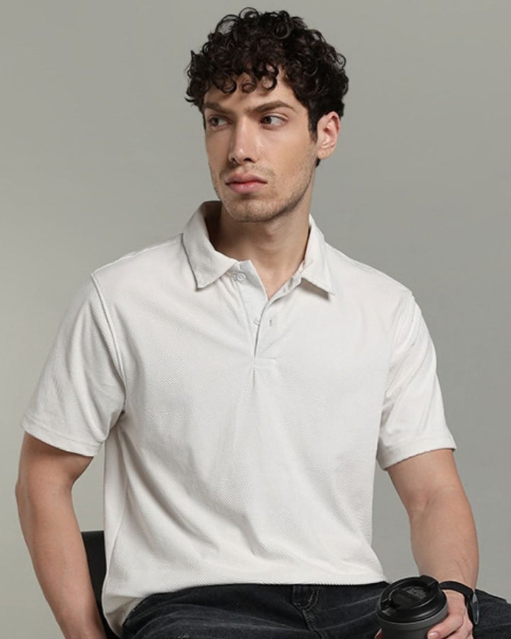 Soft White Geometric Textured - Polo Tshirt