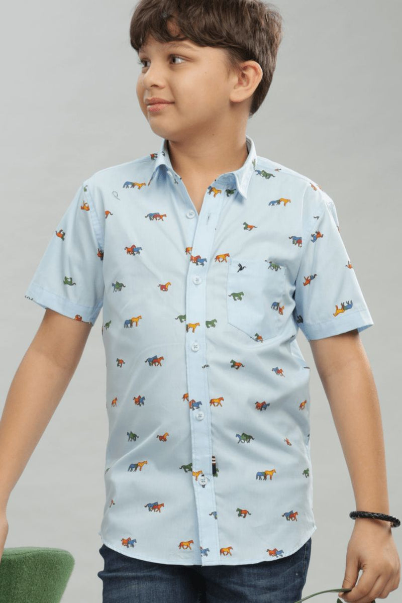 KIDS - Sky Blue Horse Print - Half-Stain Proof Shirt