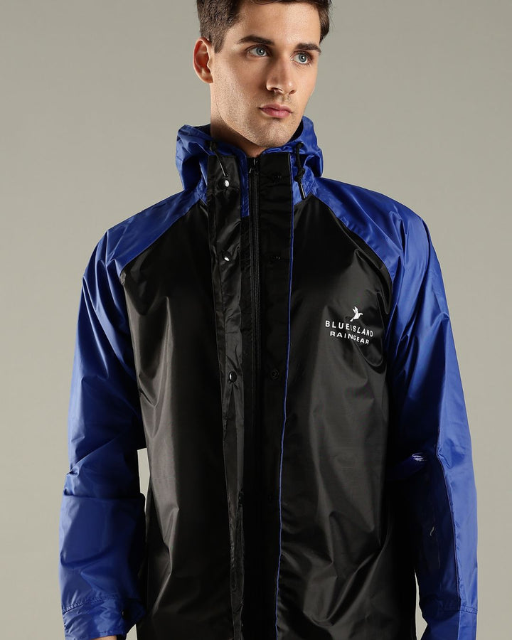 Black with Royal Blue - Rain Jacket with Pant and Mobile Pouch