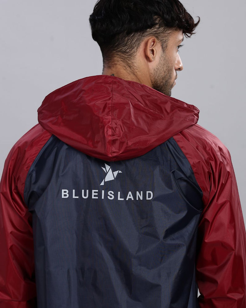 Navy Blue with Maroon - Rain Jacket with Pant and Mobile Pouch