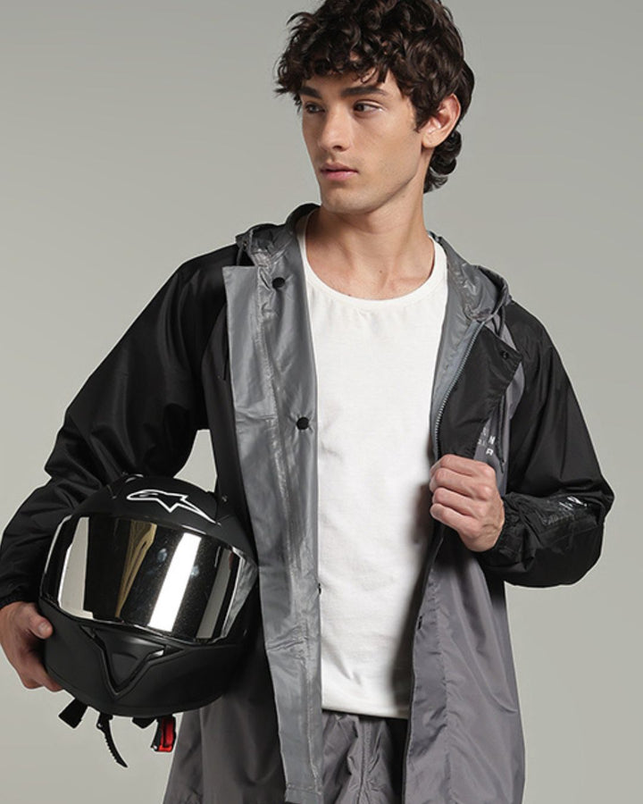Grey with Black Sleeve - Rain Jacket with Pant & Mobile Pouch