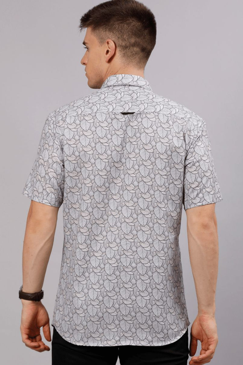 White Multi Leaf Print - Half Sleeve - Stain Proof