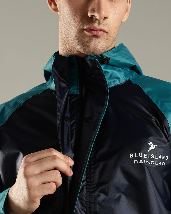 Navy Blue with Teal - Rain Jacket with Pant and Mobile Pouch