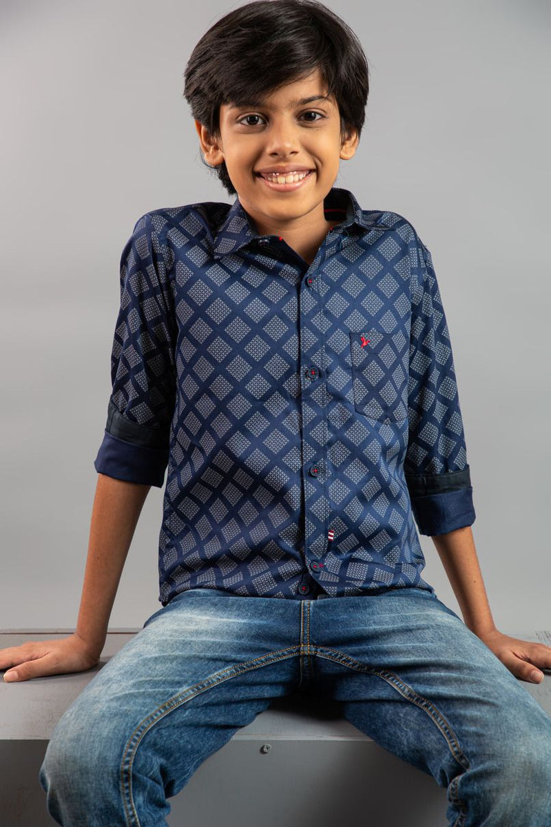 KIDS - Navy Cube Print-Stain Proof Shirt