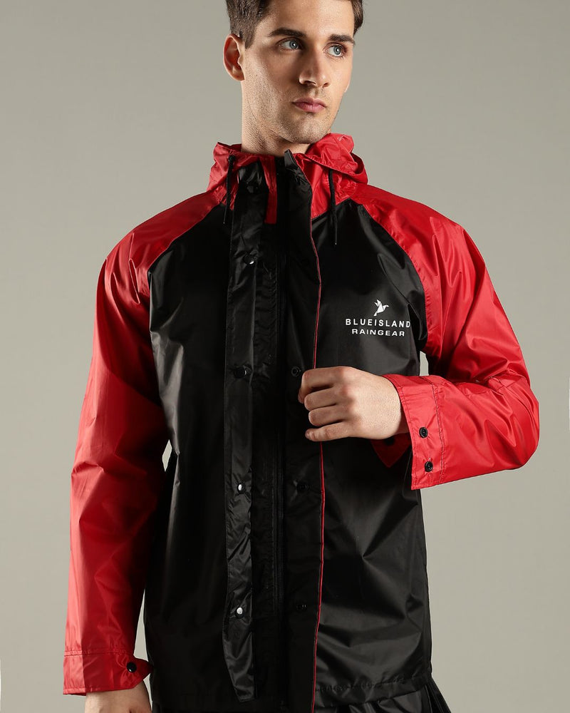 Black with Wine Red - Rain Jacket with Pant and Mobile Pouch