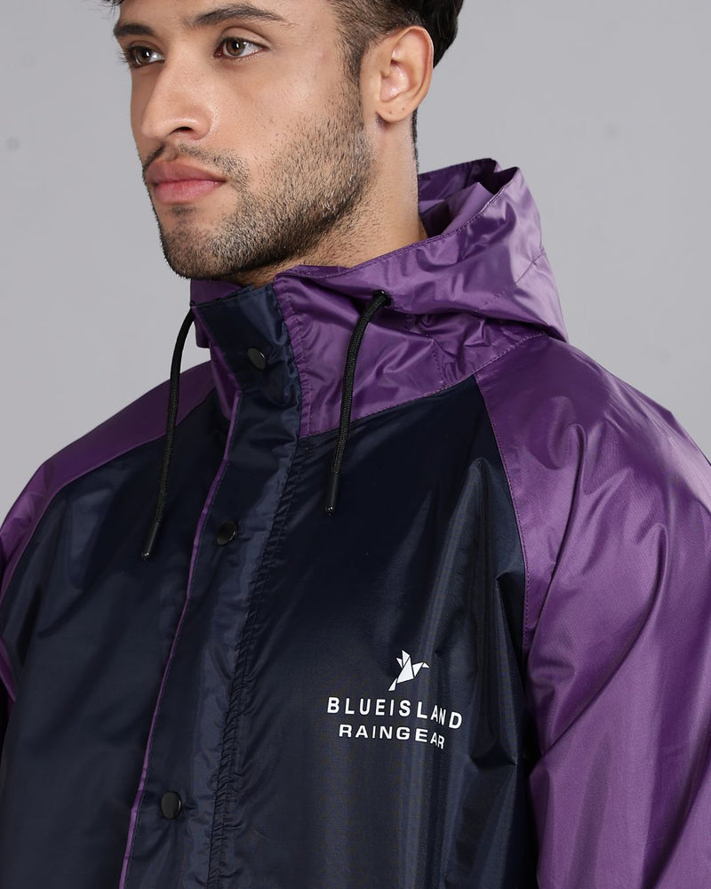Navy Blue with Violet - Rain Jacket with Pant and Mobile Pouch