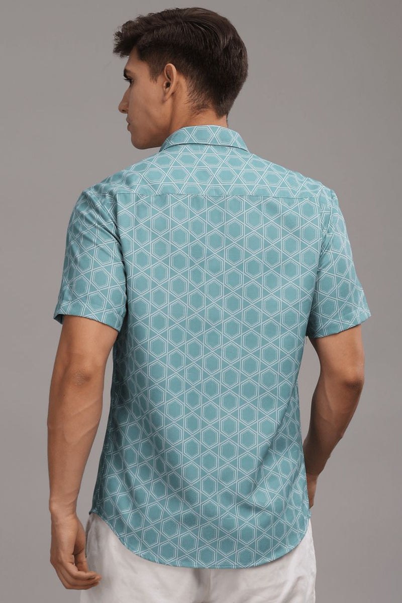 Turquoise Green Hexagonal Printed shirt - Half - Wrinkle Free