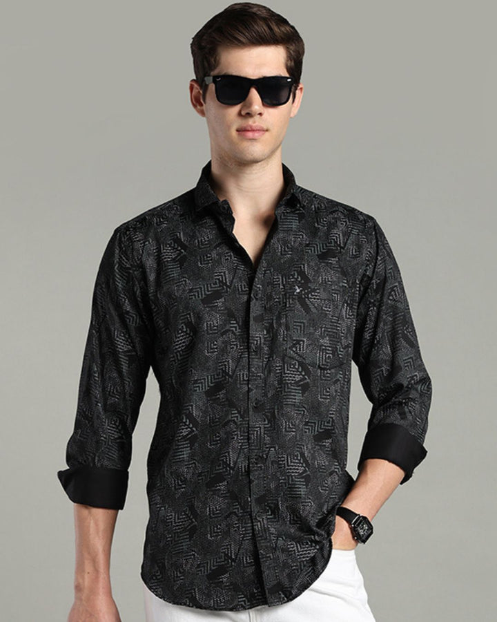 Black Tribal Print-Full-Cotton Linen Shirt
