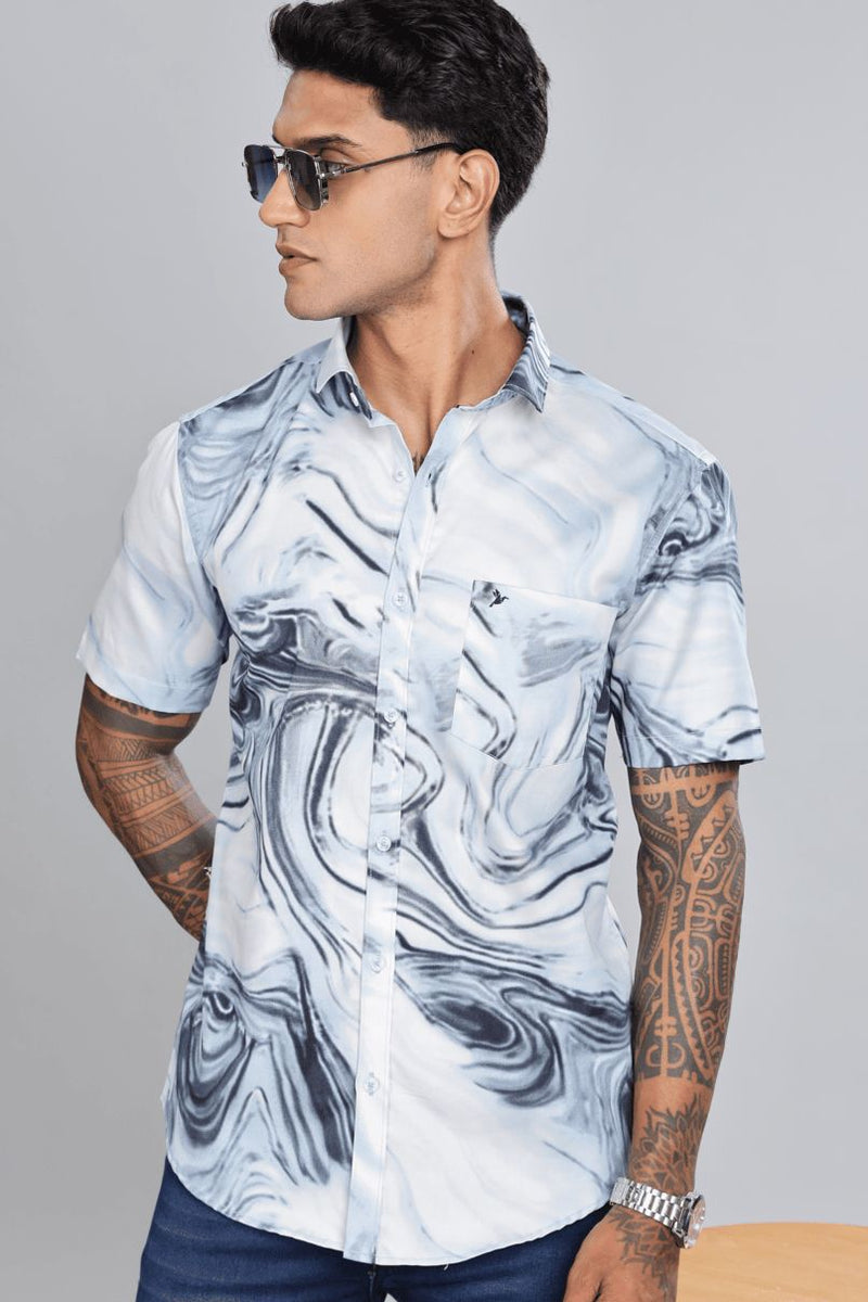 White & Denim Swirl Print - Half Sleeve - Stain Proof