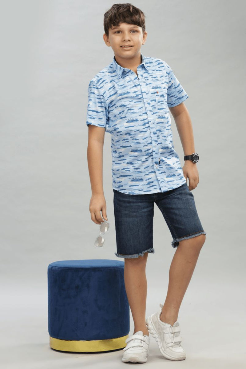 KIDS - Blue Cloudy Print - Half-Stain Proof Shirt