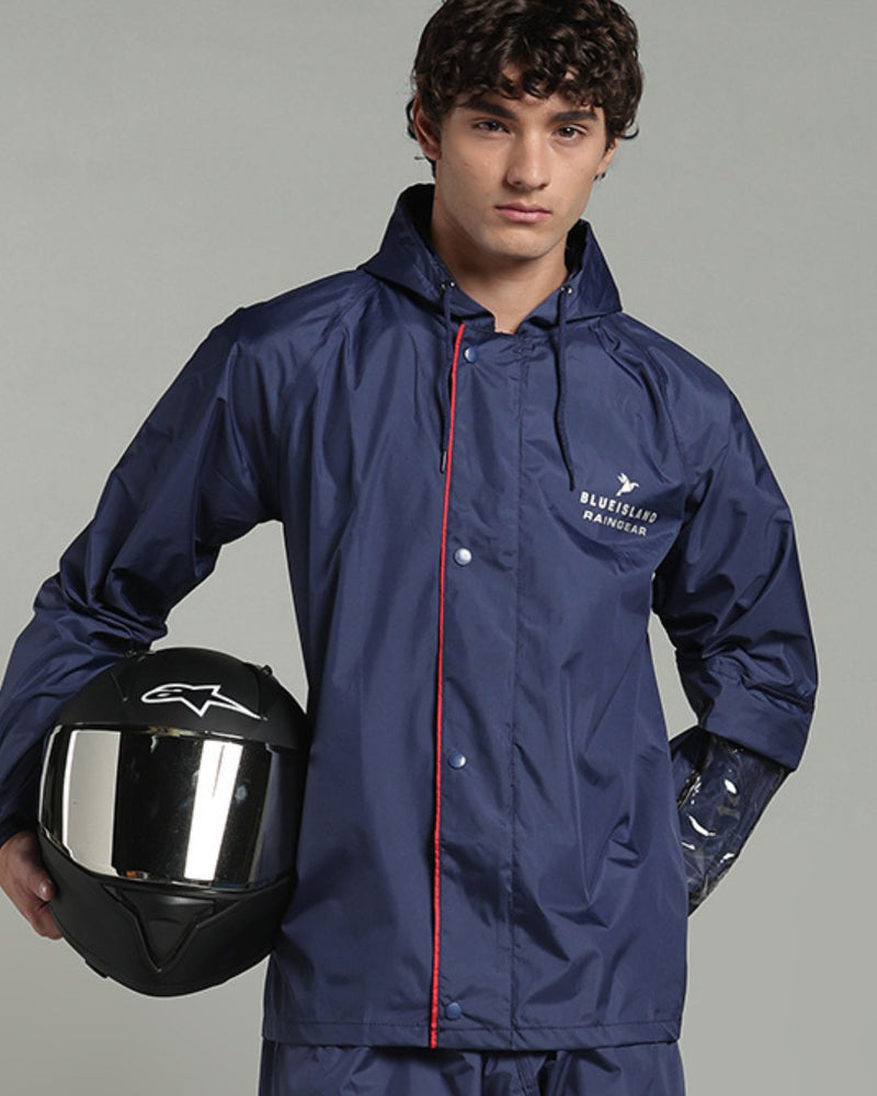 Matte Navy with Red Border - Rain Jacket with Pant & Mobile Pouch