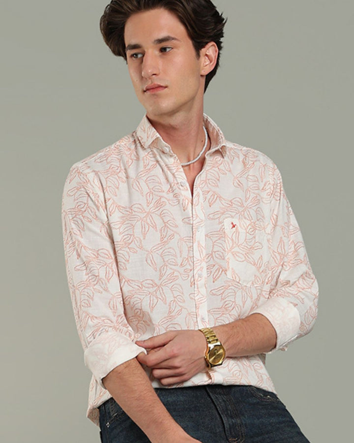 White & Red Leaf Print -Full-Stain Proof