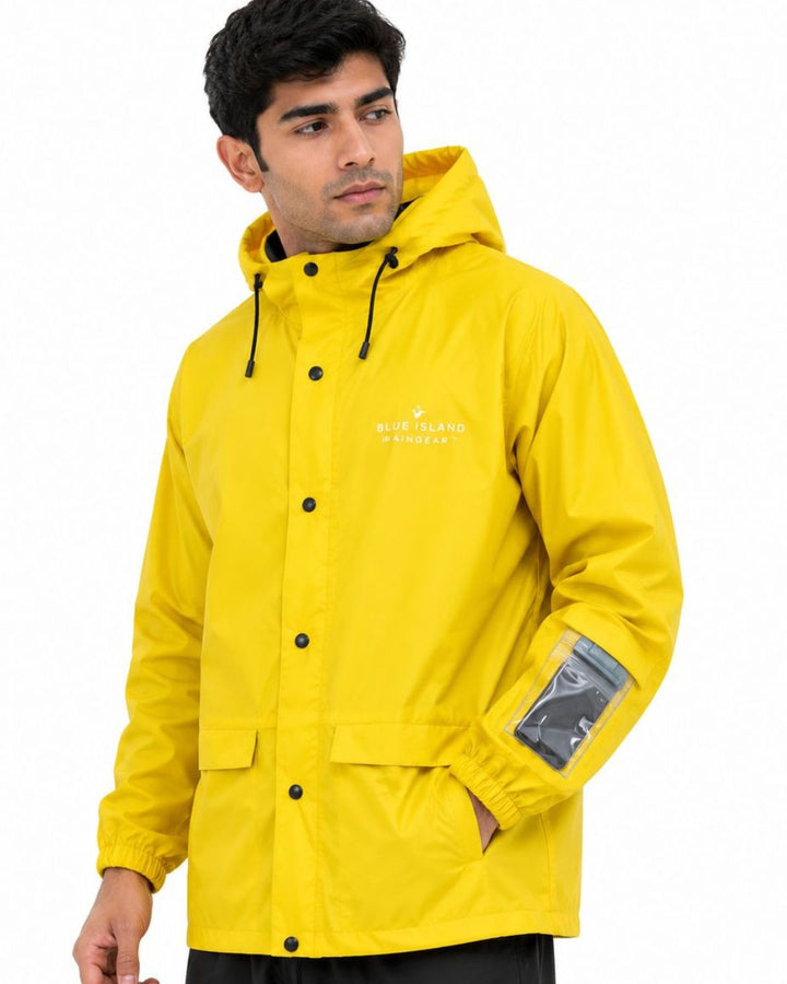Bright Yellow - Rain Jacket with Black Pant and Mobile Pouch