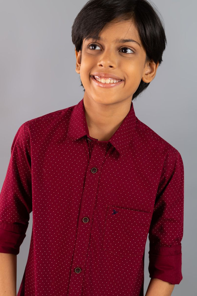 KIDS - Maroon Dotted Print Shirt-Stain Proof Shirt
