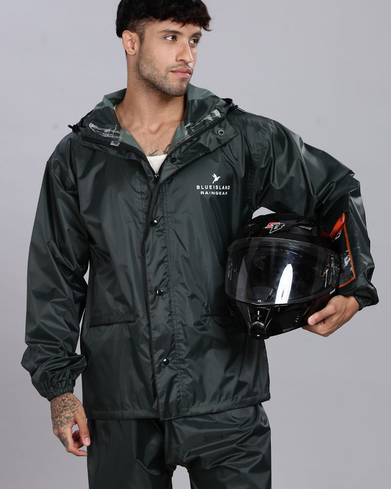 Military Green - Rain Jacket with Pant and Mobile Pouch