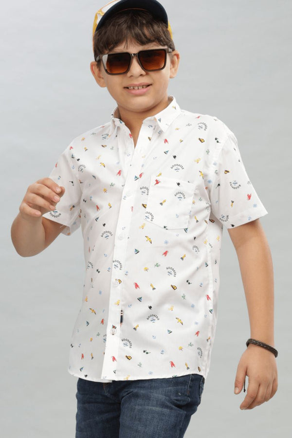 KIDS - White Sailor Print - Half-Stain Proof Shirt