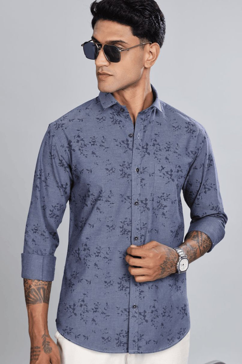 Denim Blue Floral Print -Full-Stain Proof