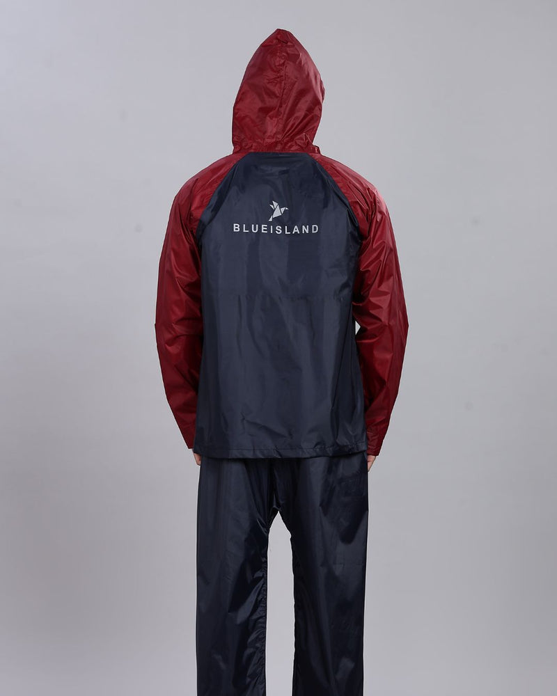 Navy Blue with Maroon - Rain Jacket with Pant and Mobile Pouch