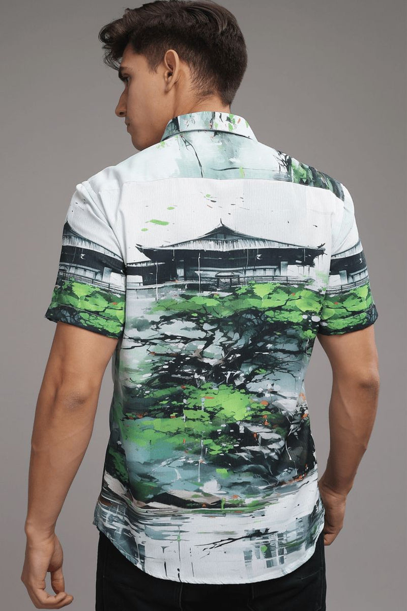 Green Temple Printed Shirt - Half - Wrinkle Free