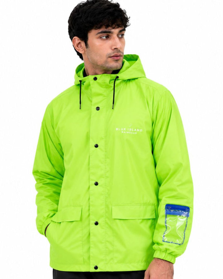 Neon Green - Rain Jacket with Black Pant and Mobile Pouch