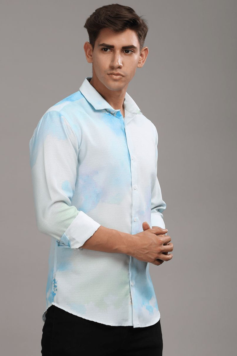 Water Blue Printed Shirt -Full- Wrinkle Free
