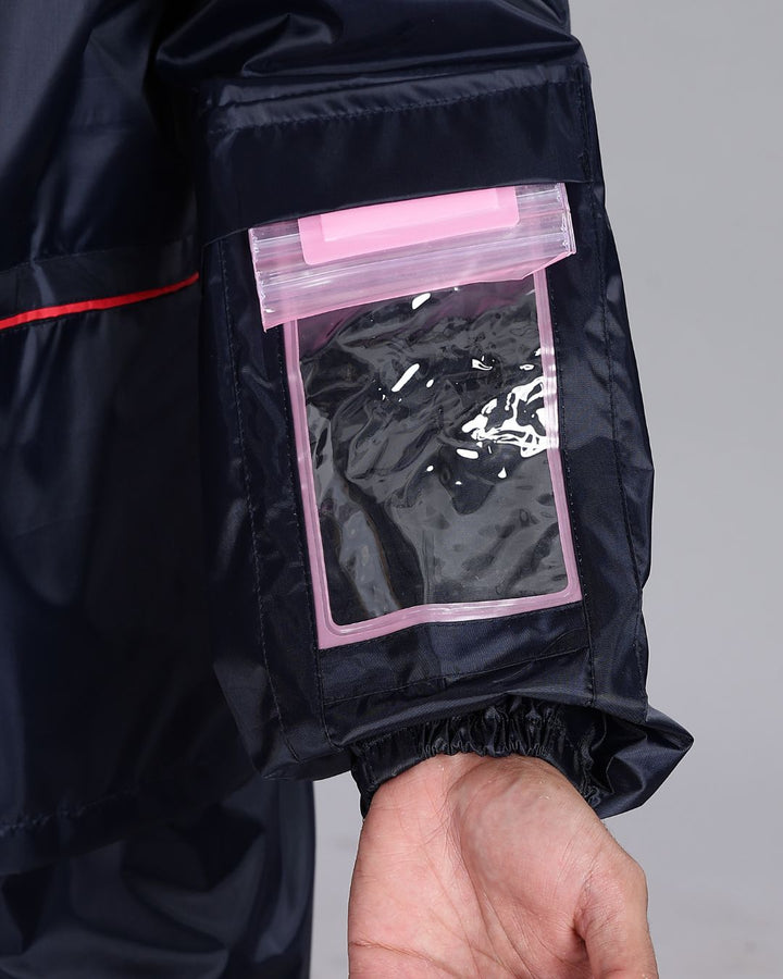 Navy with Red Border - Rain Jacket with Pant and Mobile Pouch
