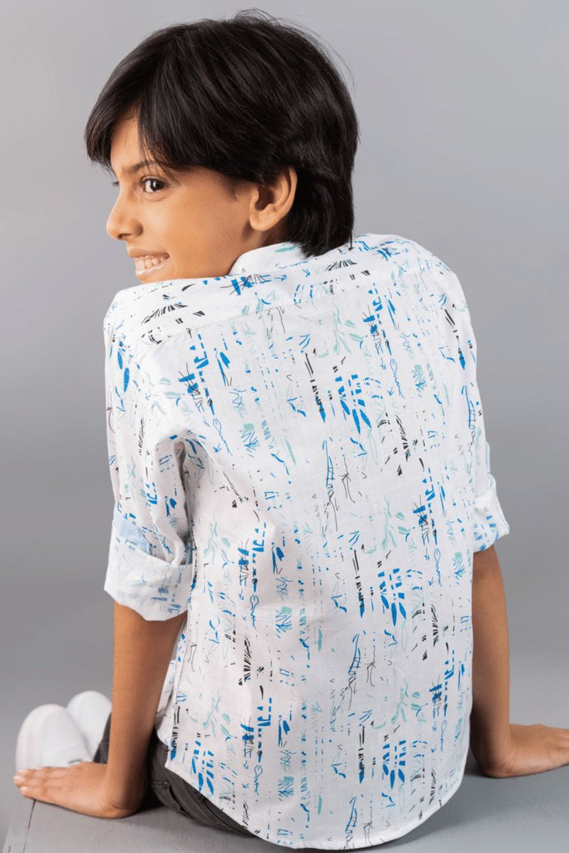 KIDS - White and Blue Floral Print-Stain Proof Shirt