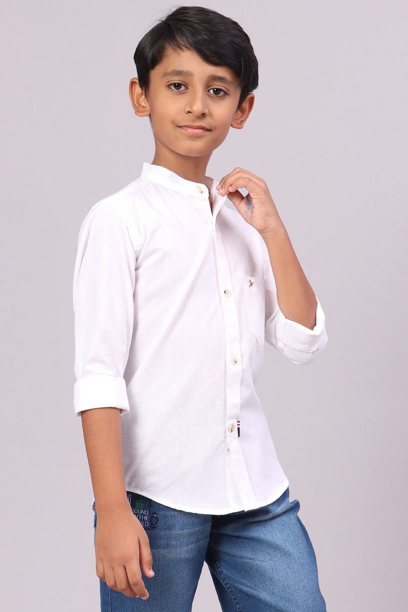 KIDS - White Cotton Linen Chinese Collar -Full-Stain Proof Shirt