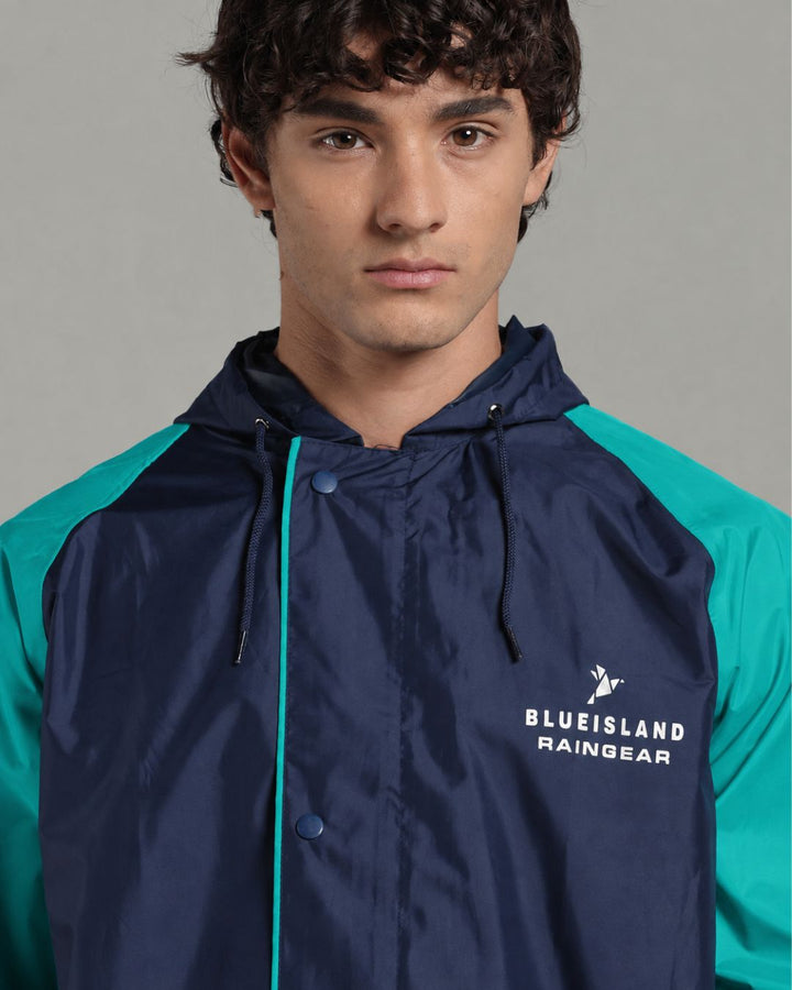 Navy with Teal Sleeve - Rain Jacket with Pant & Mobile Pouch