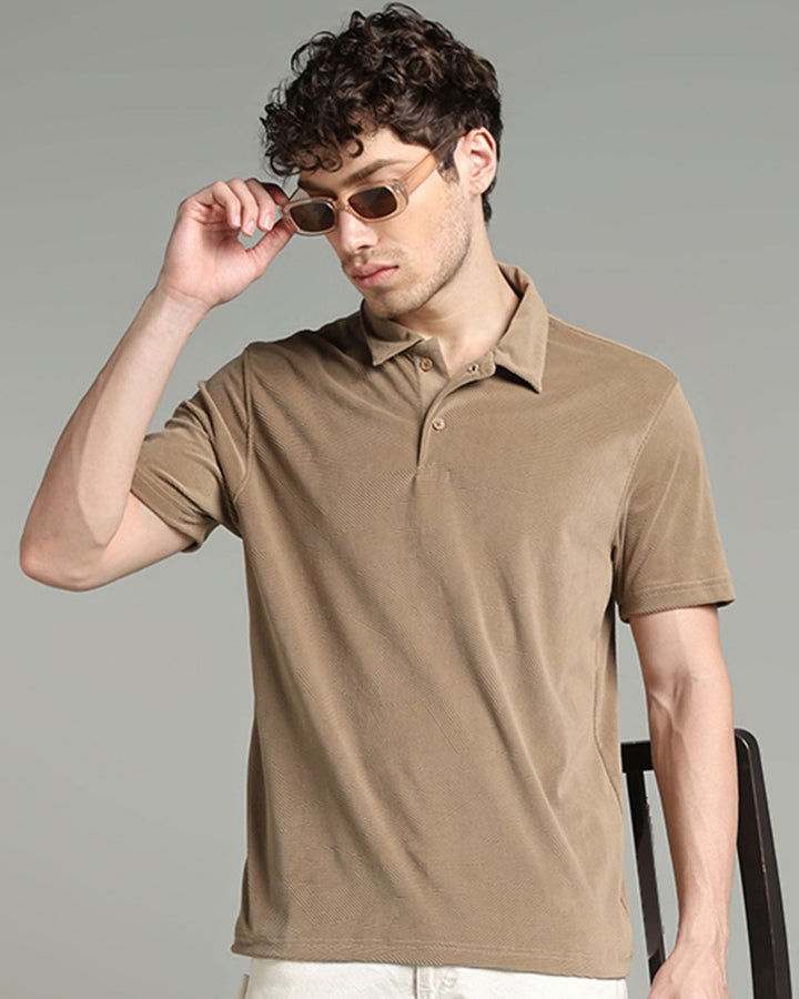 Tan Brown Geometric Textured - Polo Tshirt