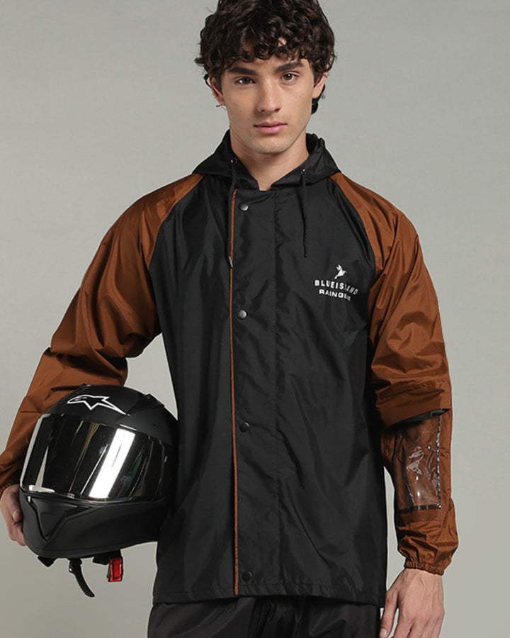 Black with Golden Brown Sleeve - Rain Jacket with Pant & Mobile Pouch