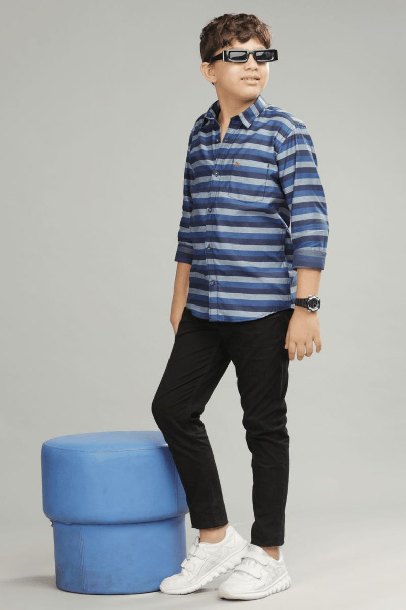 KIDS - Navy & Grey Horizontal Stripes -Stain Proof Shirt